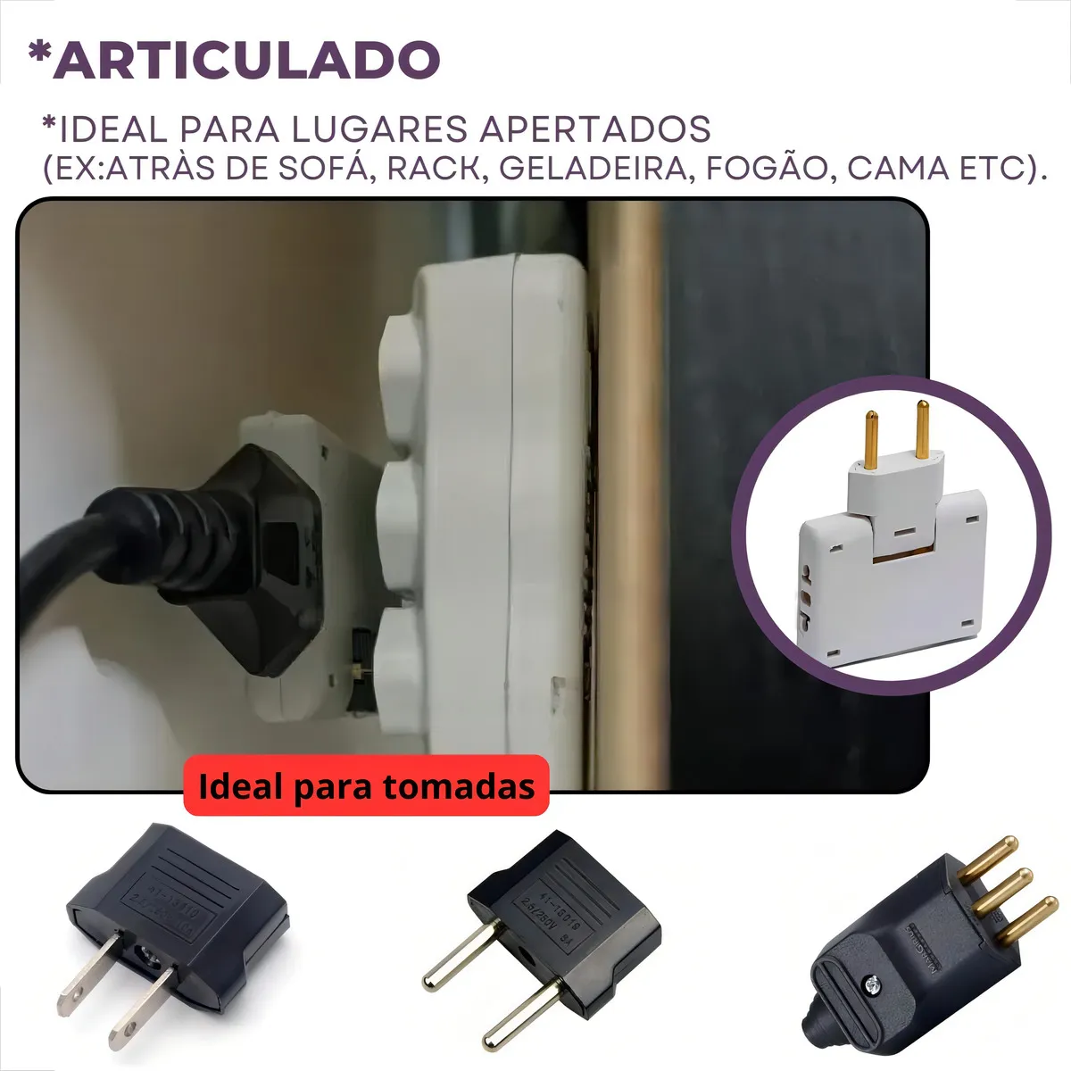 Kit 3 Benjamim Triplo Lateral Articulado 10a Branco Adaptador De Tomada T Dobrável 3 Pinos Plug Universal Bivolt Plugue Multipino Tipo T Conector Flexível Residencial - Imagem 4