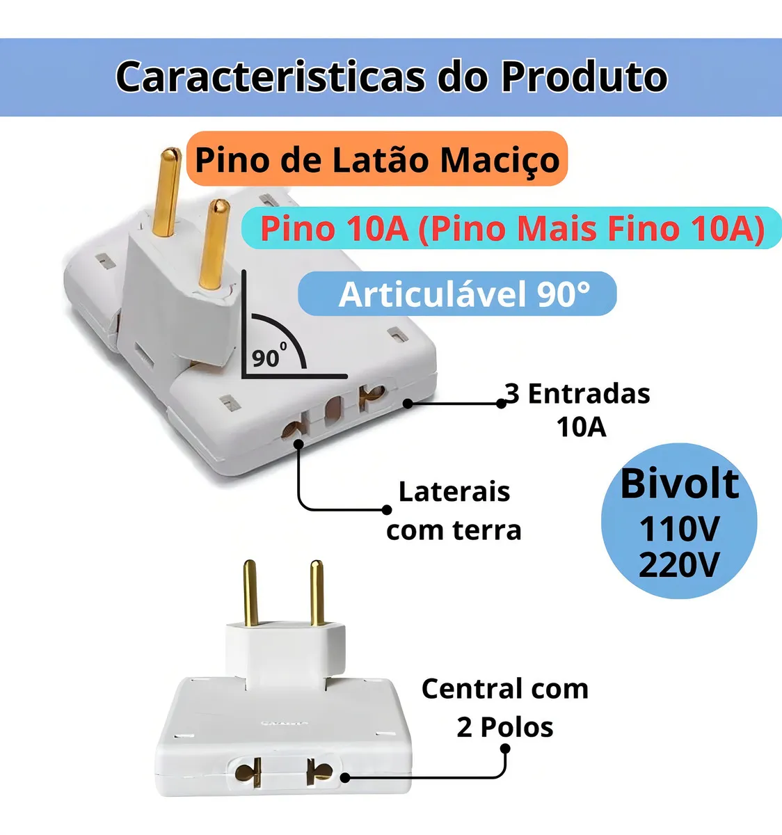 Kit 3 Benjamim Triplo Lateral Articulado 10a Branco Adaptador De Tomada T Dobrável 3 Pinos Plug Universal Bivolt Plugue Multipino Tipo T Conector Flexível Residencial - Imagem 5