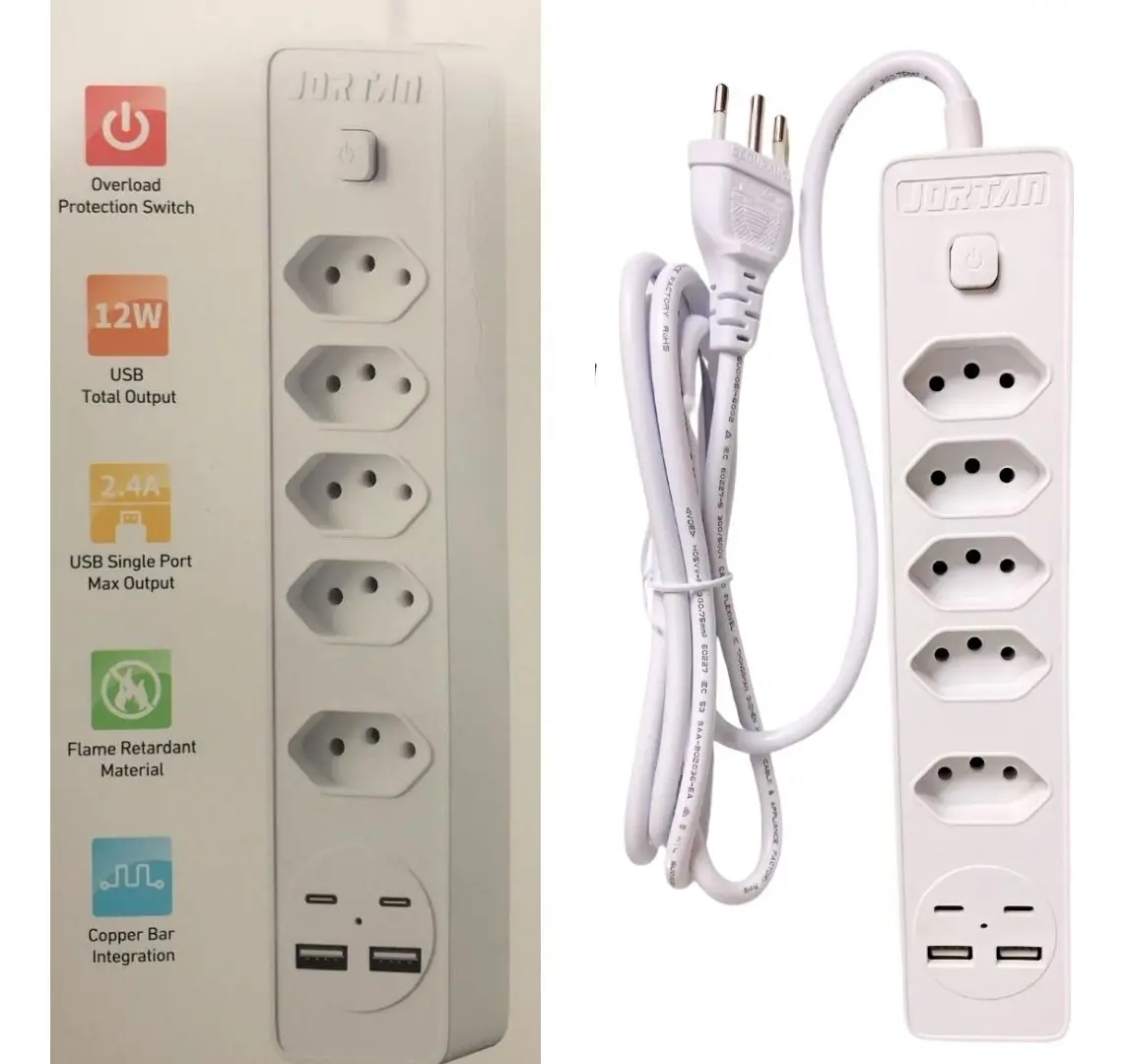 Filtro de Linha Jortan 5 Tomadas 2 USB 2 Tipo C Bivolt 2m Branco - Imagem 5