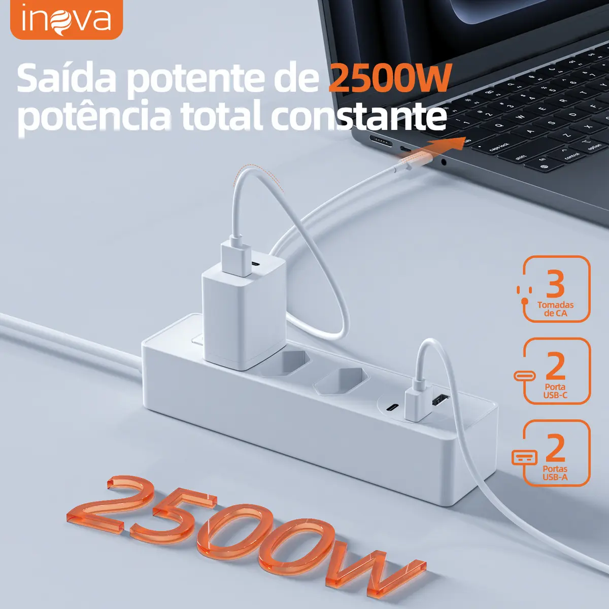 Filtro de Linha Inova Cases com 3 Tomadas e 2 USB C, Protetor de Surto Bivolt - Imagem 3