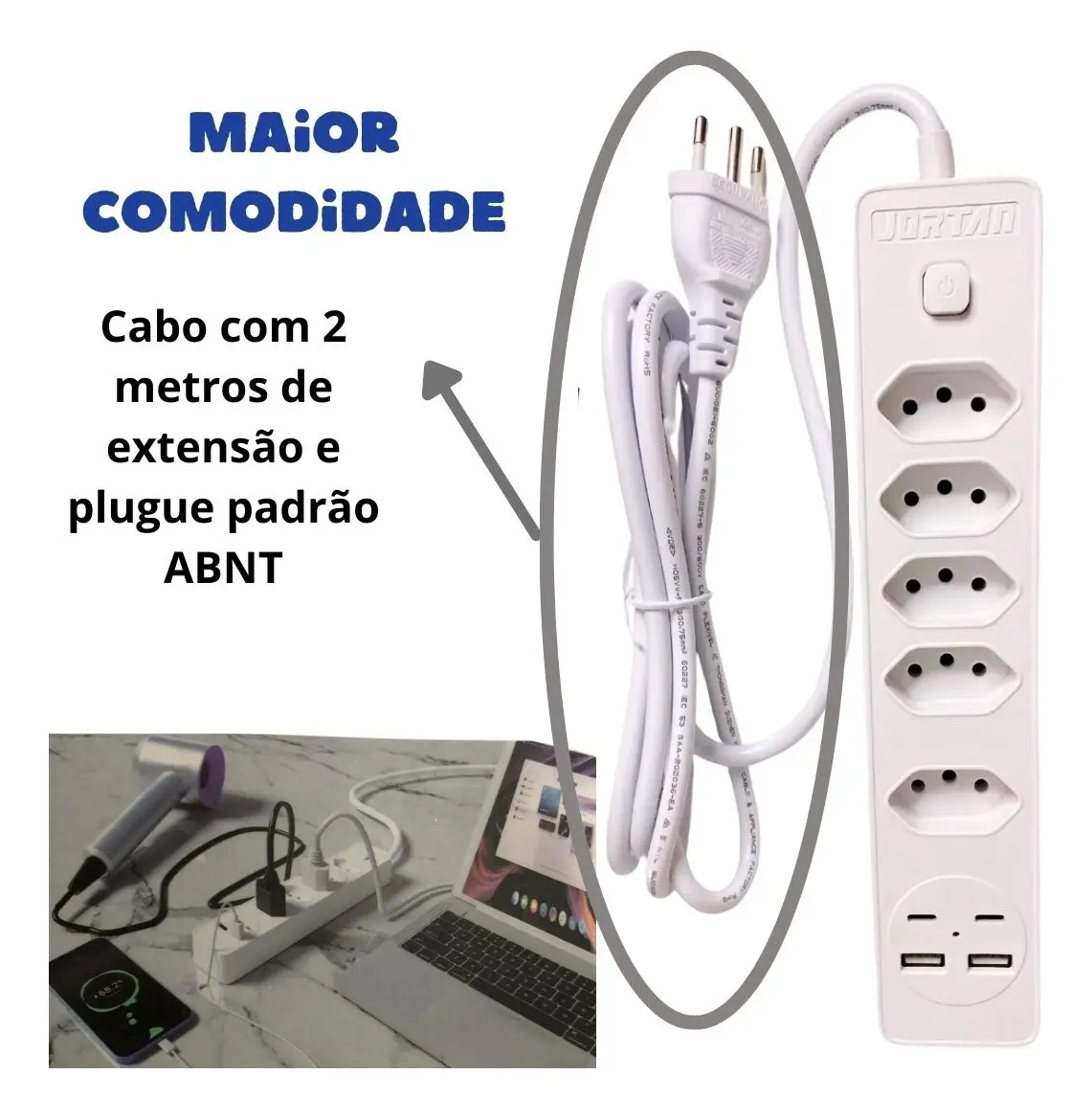 Filtro de Linha Jortan 5 Tomadas 2 USB 2 Tipo C Bivolt 2m Branco - Imagem 2