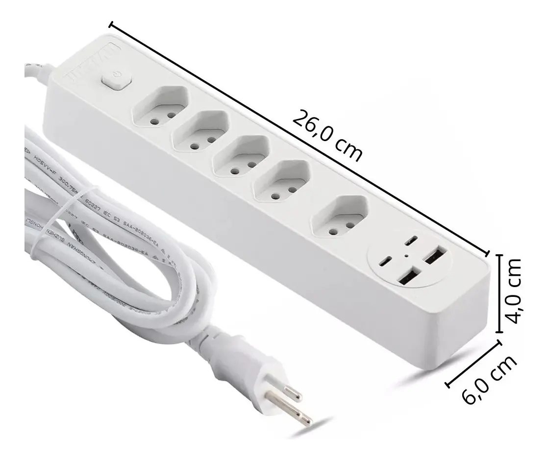 Filtro de Linha Jortan 5 Tomadas 2 USB 2 Tipo C Bivolt 2m Branco - Imagem 4