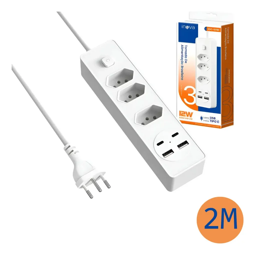 Filtro de Linha Inova Cases com 3 Tomadas e 2 USB C, Protetor de Surto Bivolt