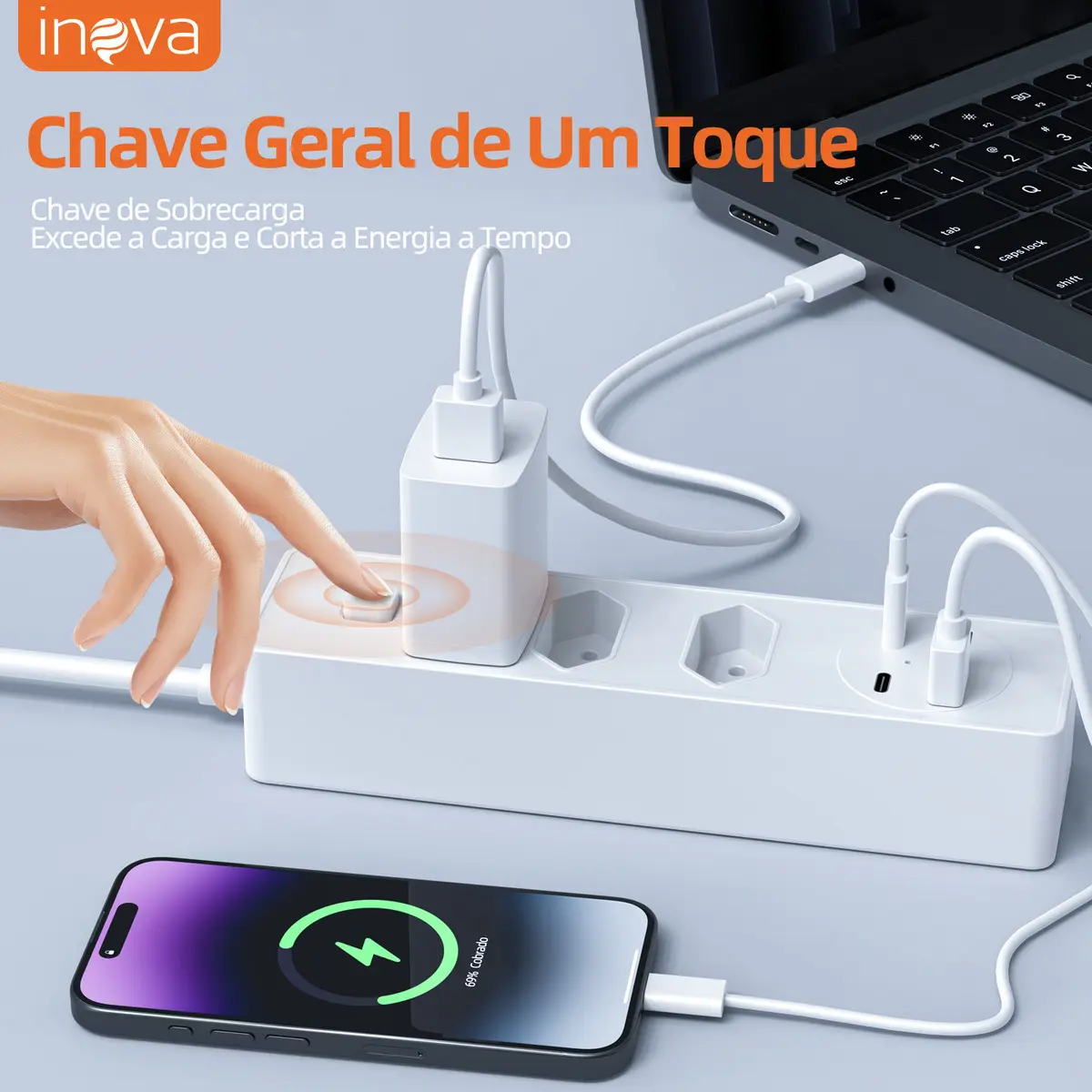 Filtro de Linha Inova Cases com 3 Tomadas e 2 USB C, Protetor de Surto Bivolt - Imagem 6
