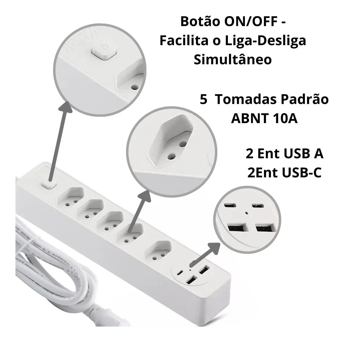 Filtro de Linha Jortan 5 Tomadas 2 USB 2 Tipo C Bivolt 2m Branco - Imagem 3